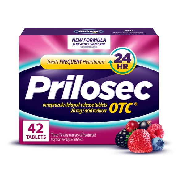 Prilosec OTC Heartburn Relief, Omeprazole, Acid Reducer Tablets, Wildberry Flavor, 42 Count