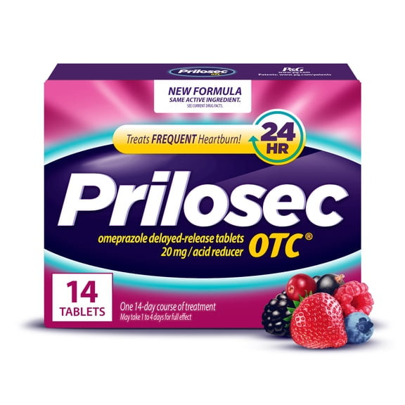 Prilosec OTC Heartburn Relief, Omeprazole, Acid Reducer Tablets, Wildberry Flavor, 14 Count
