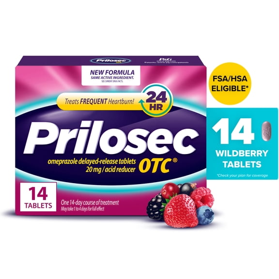 Prilosec OTC Heartburn Relief, Omeprazole, Acid Reducer Tablets, Wildberry Flavor, 14 Count