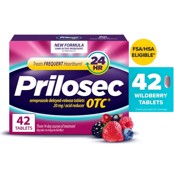 Prilosec OTC Heartburn Relief, Omeprazole, Acid Reducer Tablets, Wildberry Flavor, 42 Count