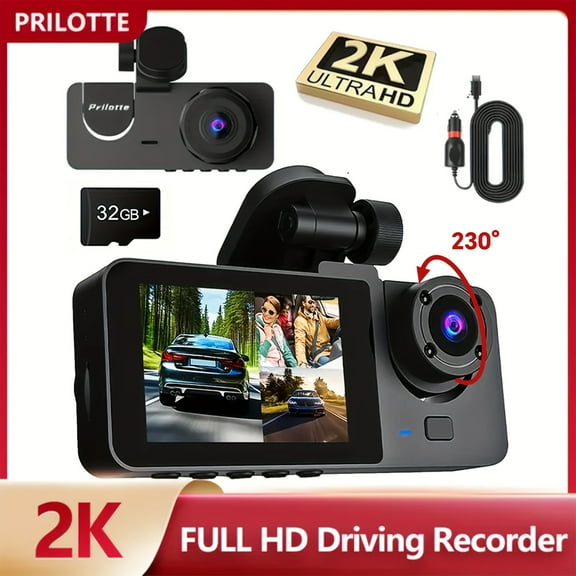 Prilotte 2K/4K Triple Car Dash Cam with IR Night Vision, 2.10" IPS Screen, Front/Rear & Built-in Lens, 170° Wide Angle, Loop Recording, G-Sensor, 32GB Card Included, 24H Parking Mode
