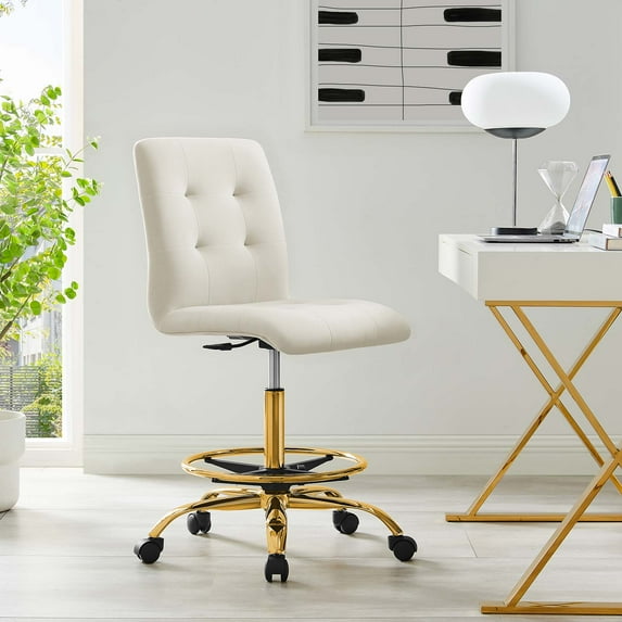 Modway Prim Metal and Performance Velvet Armless Drafting Chair in Gold/Ivory