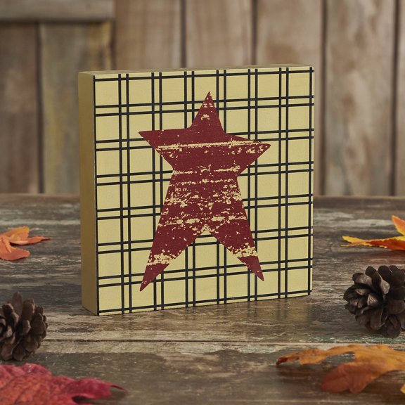 VHC Brands Prim Burg Star on Tan Base MDF Sign 5x5, Holiday Decoration for Tabletop, Table Decor