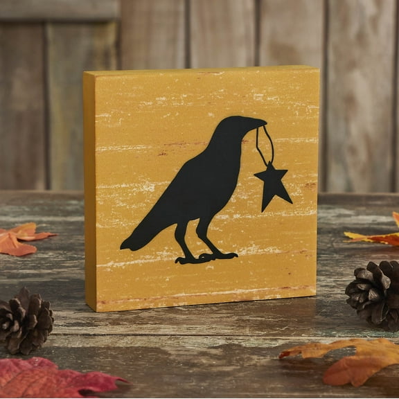VHC Brands Prim Star Raven Mustard Base MDF Sign 5x5, Holiday Decoration for Tabletop, Table Decor
