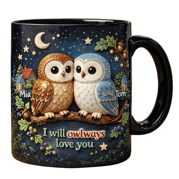 PrimPrint 3D Illusion Personalized Owl Couple Flat 2D Print Ceramic Mug 11oz, White