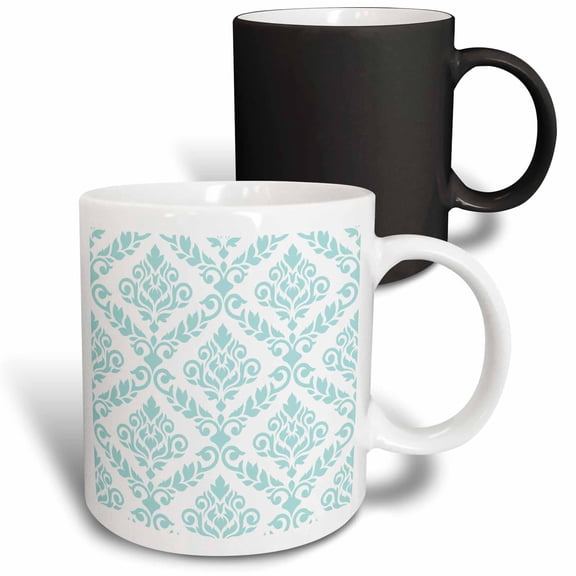 3drose, Prima Damask Pattern in Light Teal on White., 11oz Magic Transforming Mug