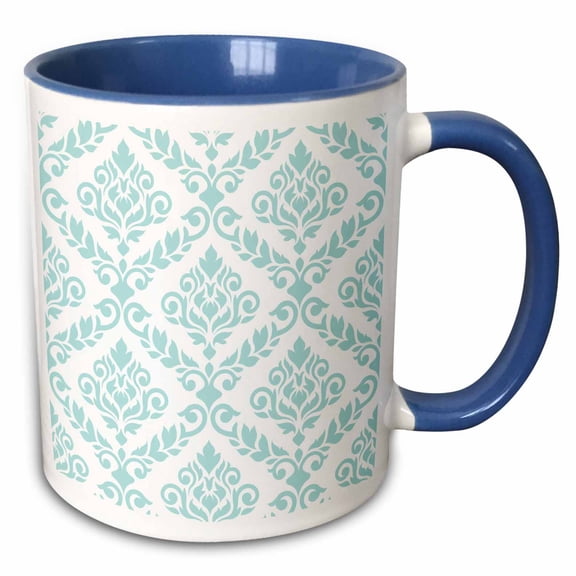 3drose, Prima Damask Pattern in Light Teal on White., 15oz Two-tone Blue Mug