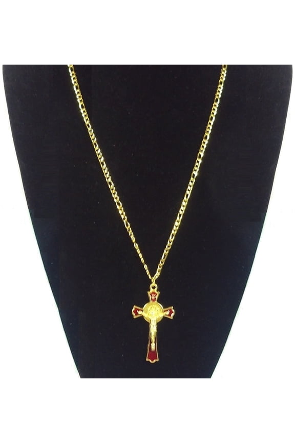 18K Gold-Plated Golden Red Enamel Prayer Cross 18-Inches Religious Crucifix Stainless Steel Pendant Chain Necklace Set Gift