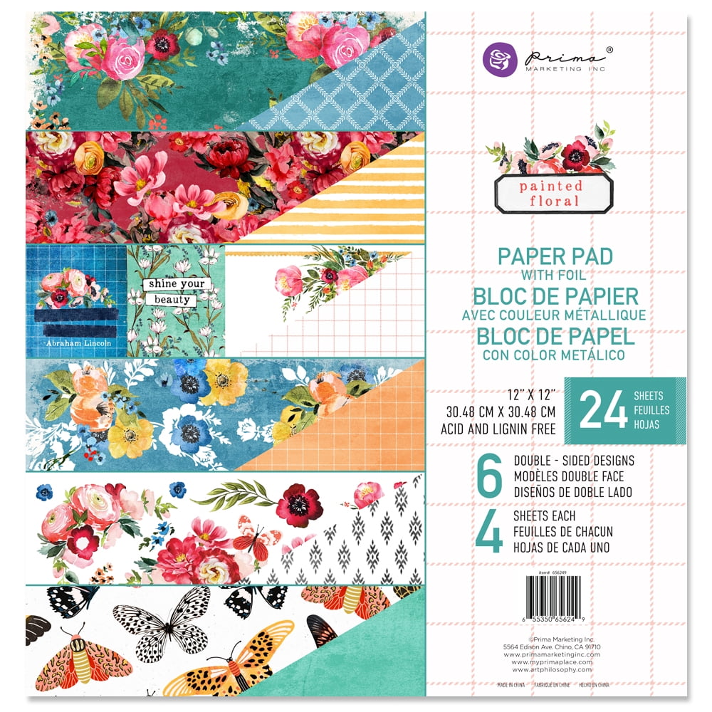 Prima Marketing Double-Sided Paper Pad 12"X12" 24/Pkg-Painted Floral, 6 Foiled Designs/4 Each