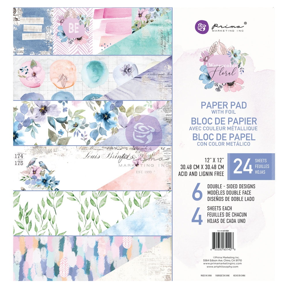Prima Marketing Double-Sided Paper Pad 12"X12" 24/Pkg-Watercolor Floral, 6 Designs/4 Each