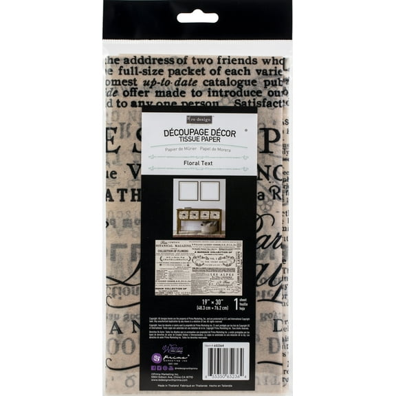 Prima Re-Design Decoupage Decor Tissue Paper 19"X30"-Floral Text