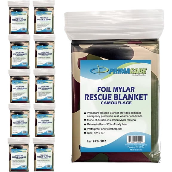 Primacare CB-6842-10 Emergency Camouflage Mylar Foil  Thermal Blanket (Pack of 10), 84"Length x 52" Width