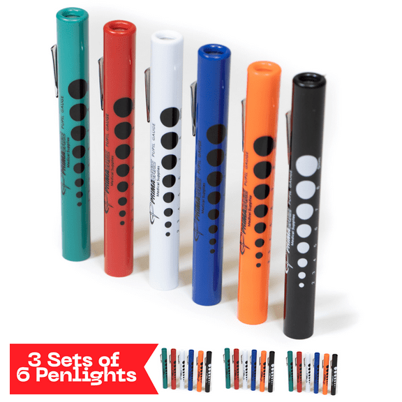 Primacare DL-9224-3 Disposable Diagnostic Penlight, 1/2" x 5", Colored, 3 Packs of 6 Penlights