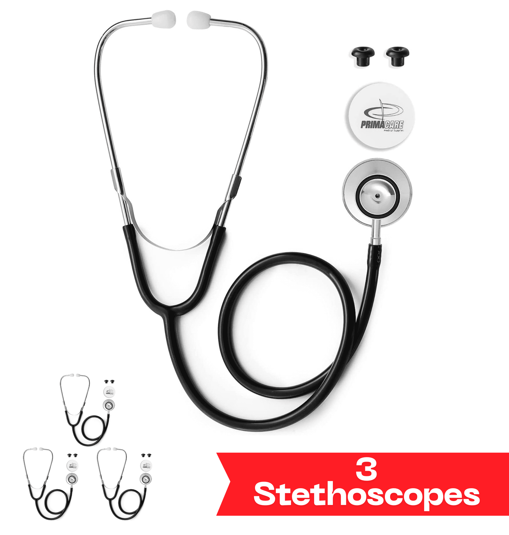 Primacare DS-9290-BK-3 Classic Series Adult Dual-Head Stethoscope, 22" PVC Tubing, Black, Pack of 3 Stethoscopes