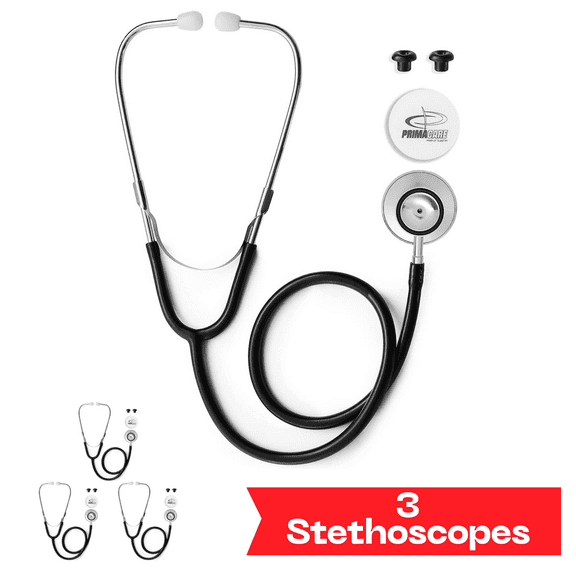 Primacare DS-9290-BK-3 Classic Series Adult Dual-Head Stethoscope, 22" PVC Tubing, Black, Pack of 3 Stethoscopes