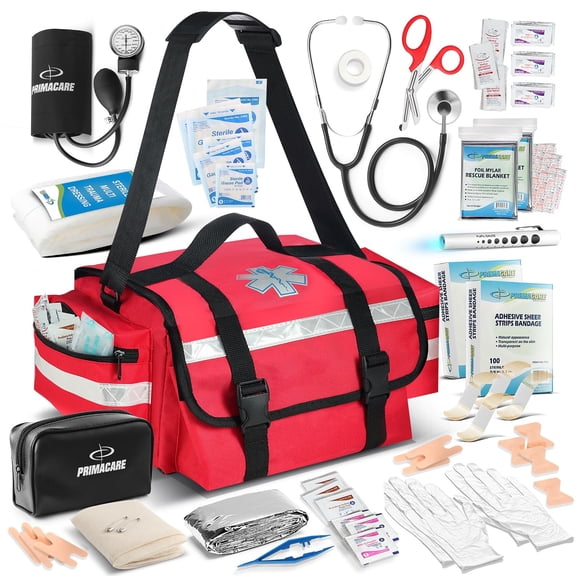 Primacare KB-RO75-RD EMT Trauma Bag  Fully Stocked First Aid Kit, Red with Reflective Strips, 17" x 9" x 7"