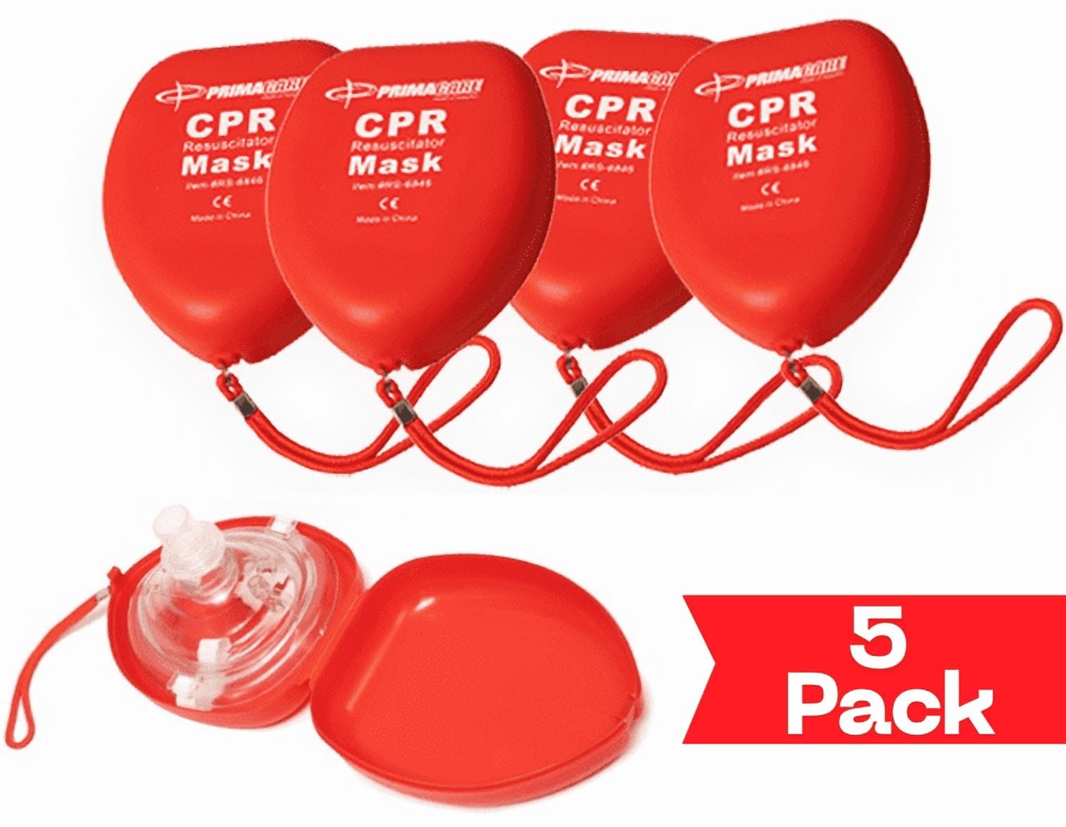 Primacare RS-6845-5WM Pack of 5 CPR Rescue Mask in Red Hard Case with One Way Valve , Adult/Child