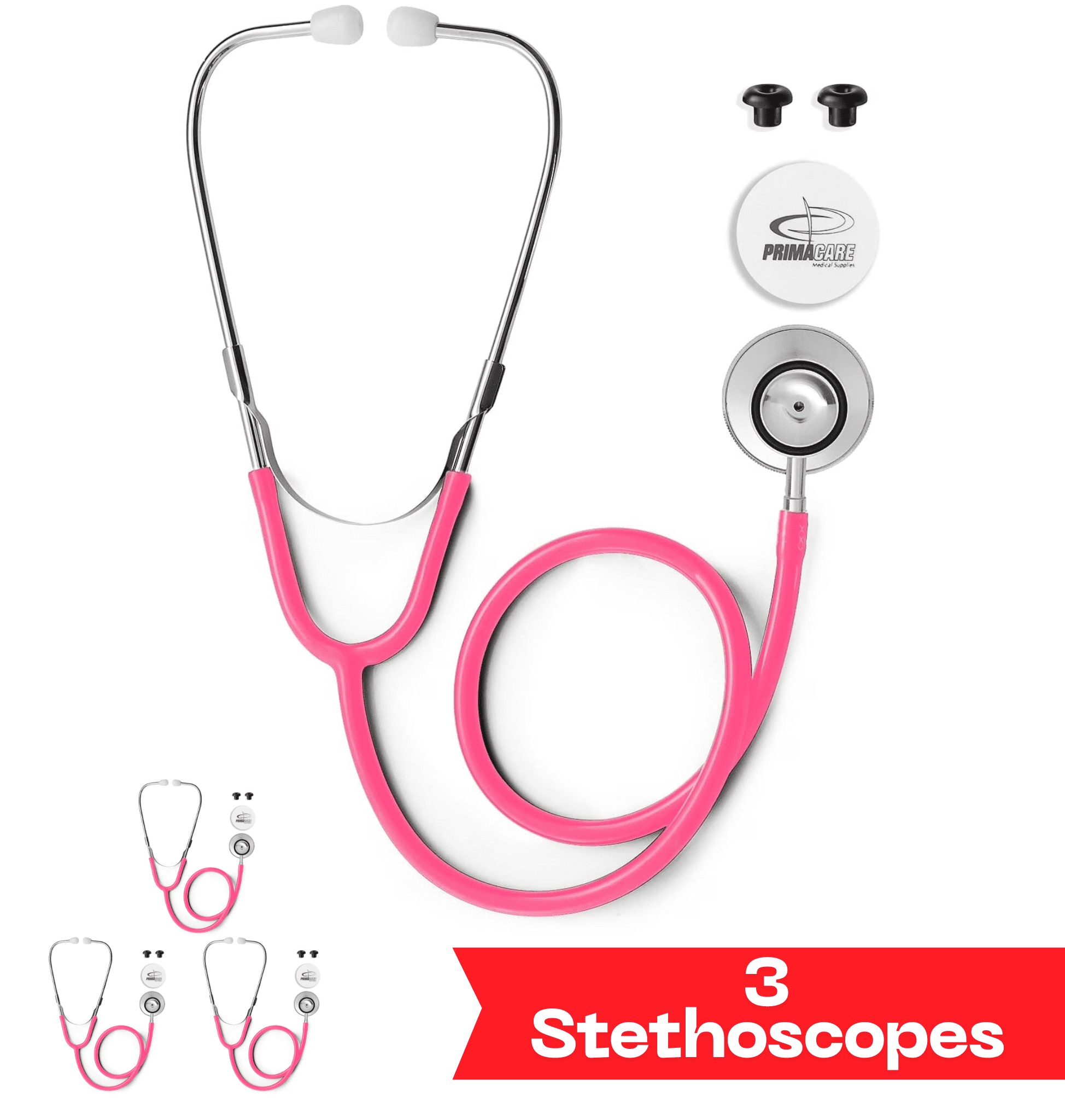 Primacare DS-9290-PK-3 Classic Series Adult Dual-Head Stethoscope, 22" Tubing Length, Pink, Pack of 3 Stethoscopes