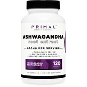 Primal Ashwagandha Root Extract 120 Capsules, 600mg per Serving - Gluten-Free, GMO-Free