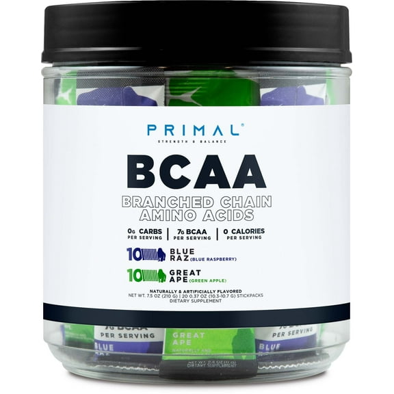 Primal BCAA Variety Pack, Blue Raspberry + Great Ape Green Apple Flavored (20 Stickpacks) - 7G BCAA per serving, Branched Chain Amino Acids