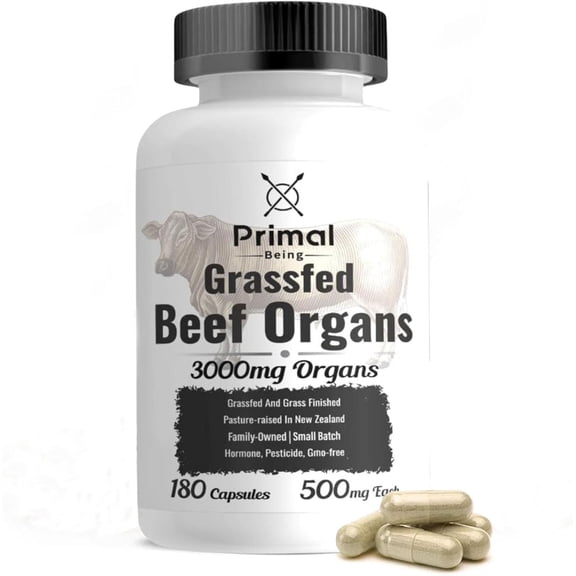 Primal Being Grass-Fed Beef Organ Complex – Liver, Heart, Kidney, Pancreas & Spleen – 180 Capsules