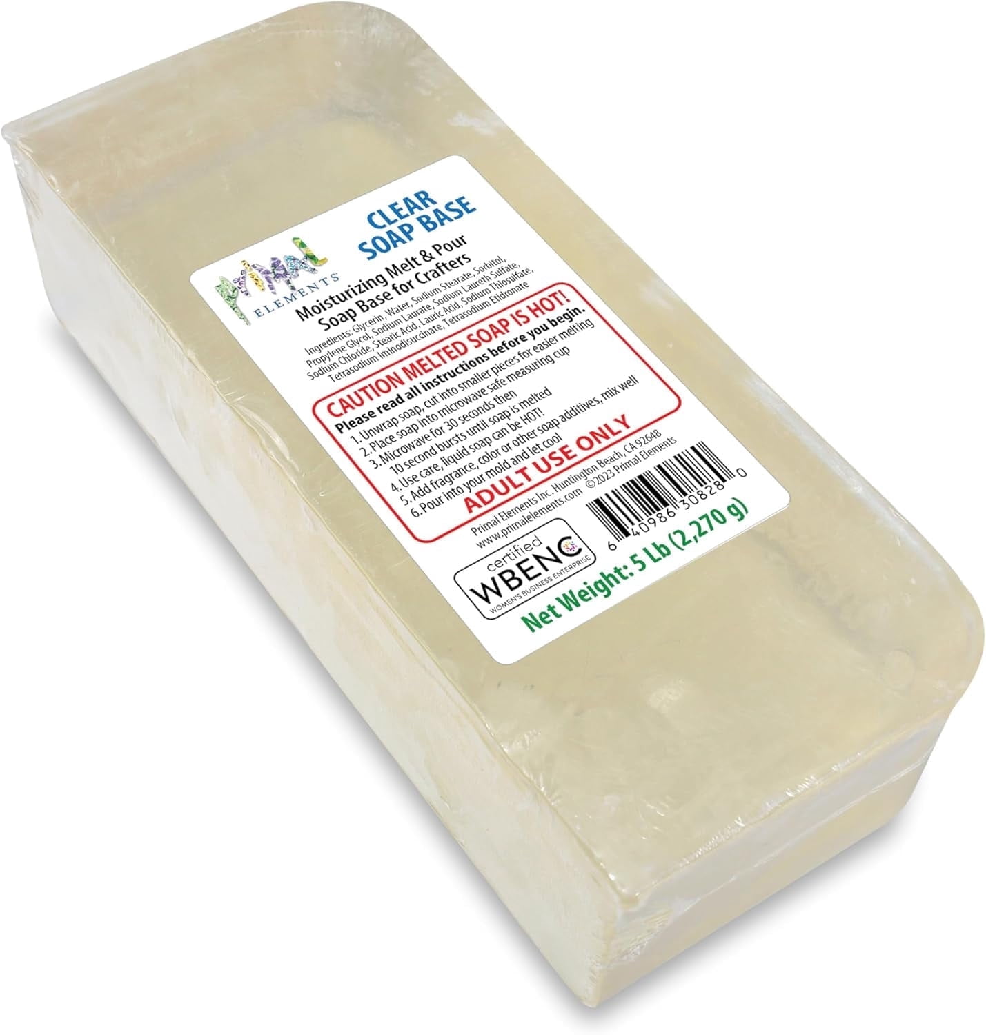 Primal Elements Clear Soap Base - Moisturizing Melt and Pour Glycerin Base for Crafting and Soap-Making, Easy to Cut - 5 Pound