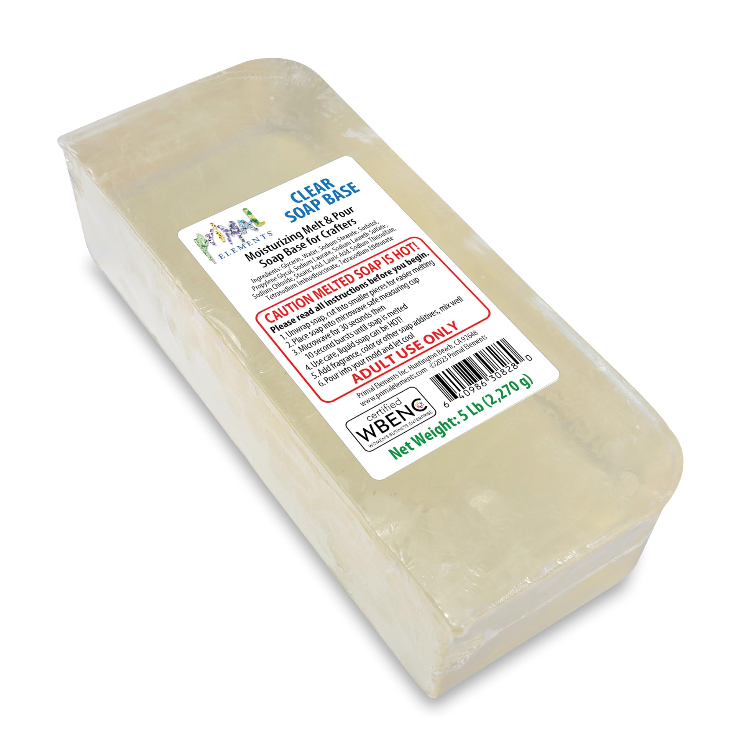 Primal Elements Clear Soap Base - Moisturizing Melt and Pour Glycerin Soap Base for Crafting and Soap Making, Vegan, Cruelty Free, Easy to Cut, Unscented - 5 Pound