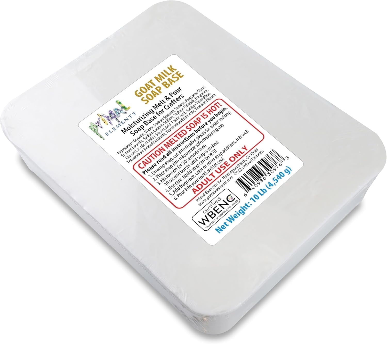 Primal Elements Goat Milk Soap Base - Moisturizing Melt and Pour Glycerin Base for Crafting, Easy to Cut, Unscented - 10 Pound