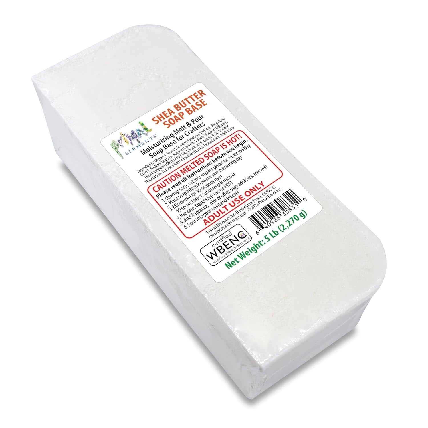 Primal Elements Shea Butter Soap Base - Moisturizing Melt and Pour Glycerin Base for Crafting and Soap-Making, Easy to Cut - 5 Pound
