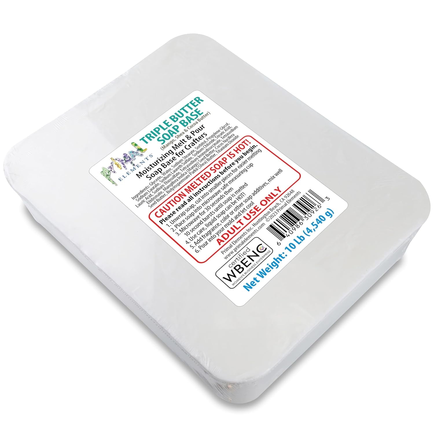 Primal Elements Triple Butter Soap Base (Mango, Shea, and Cocoa Butter) - Moisturizing Melt and Pour Glycerin Soap Base for Crafting and Soap Making, Vegan, Cruelty Free, Easy to Cut - 10 Pound