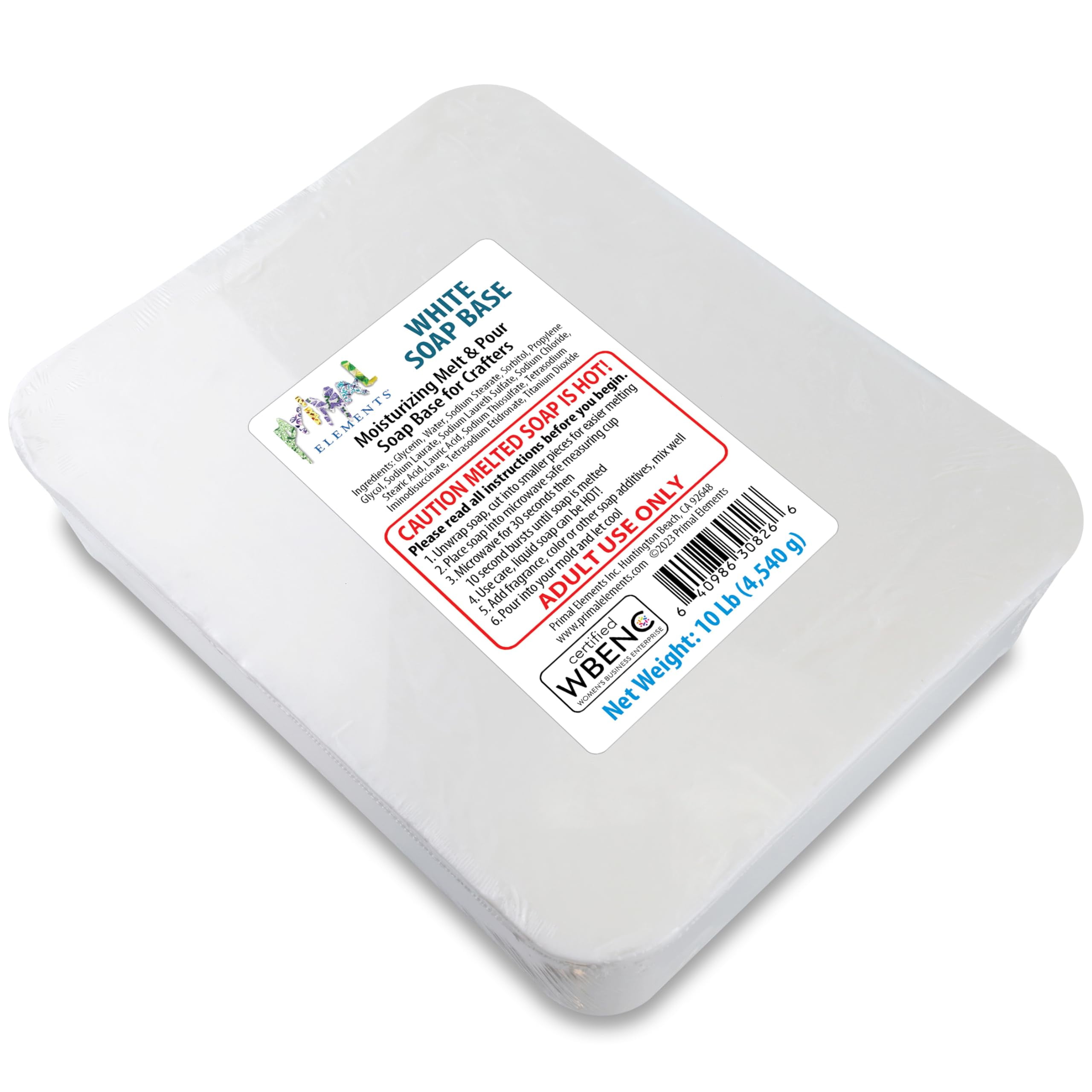 Primal Elements White Soap Base - Moisturizing Melt and Pour Glycerin Soap Base for Crafting and Soap Making, Vegan, Cruelty Free, Easy to Cut, Unscented - 10 Pound