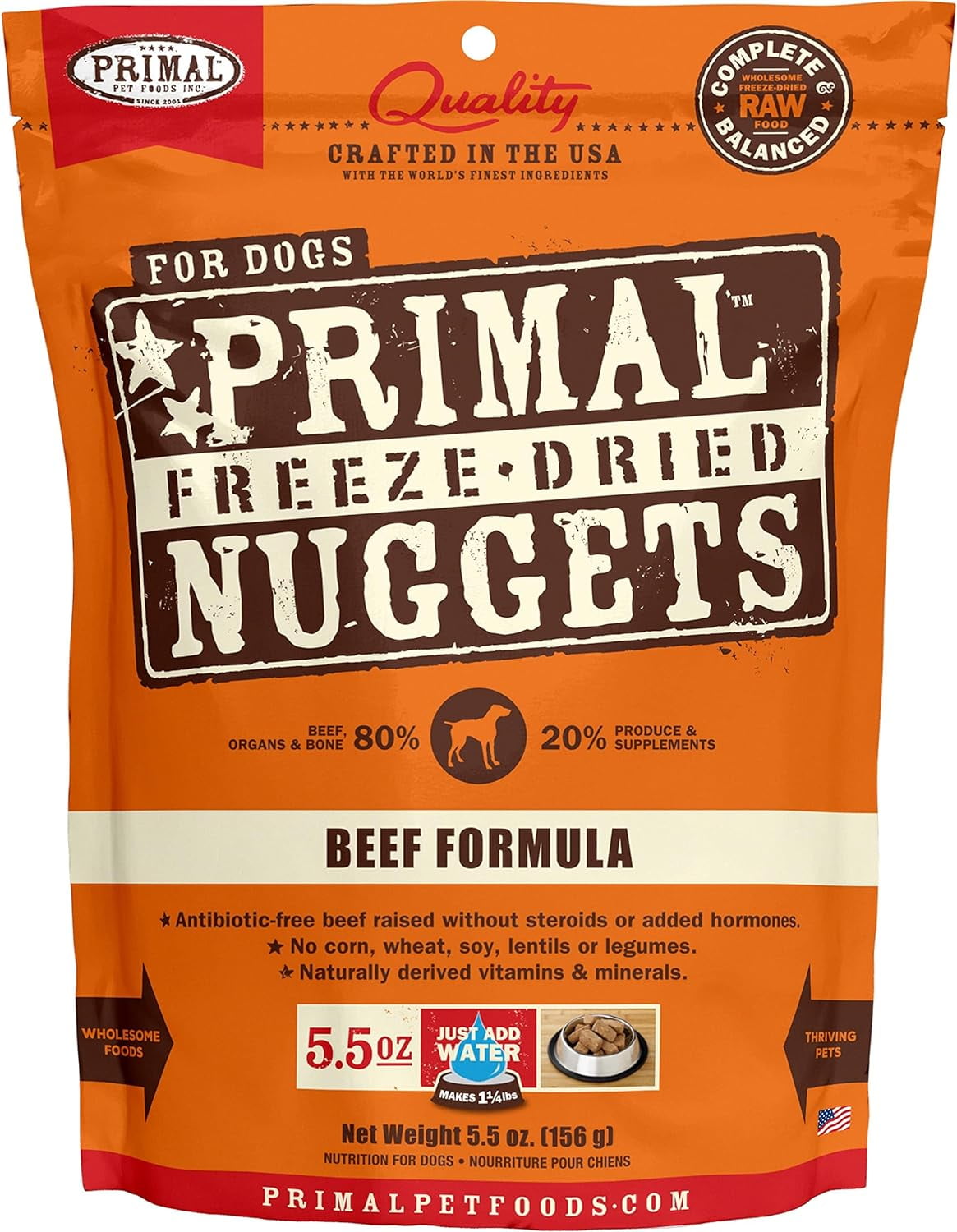 Primal Freeze Dried Dog Food Nuggets, Beef; Complete & Balanced Meal; Also Use As Topper Or Treat; Premium, Healthy, Grain Free, High Protein Raw Dog Food, 5.5 Oz