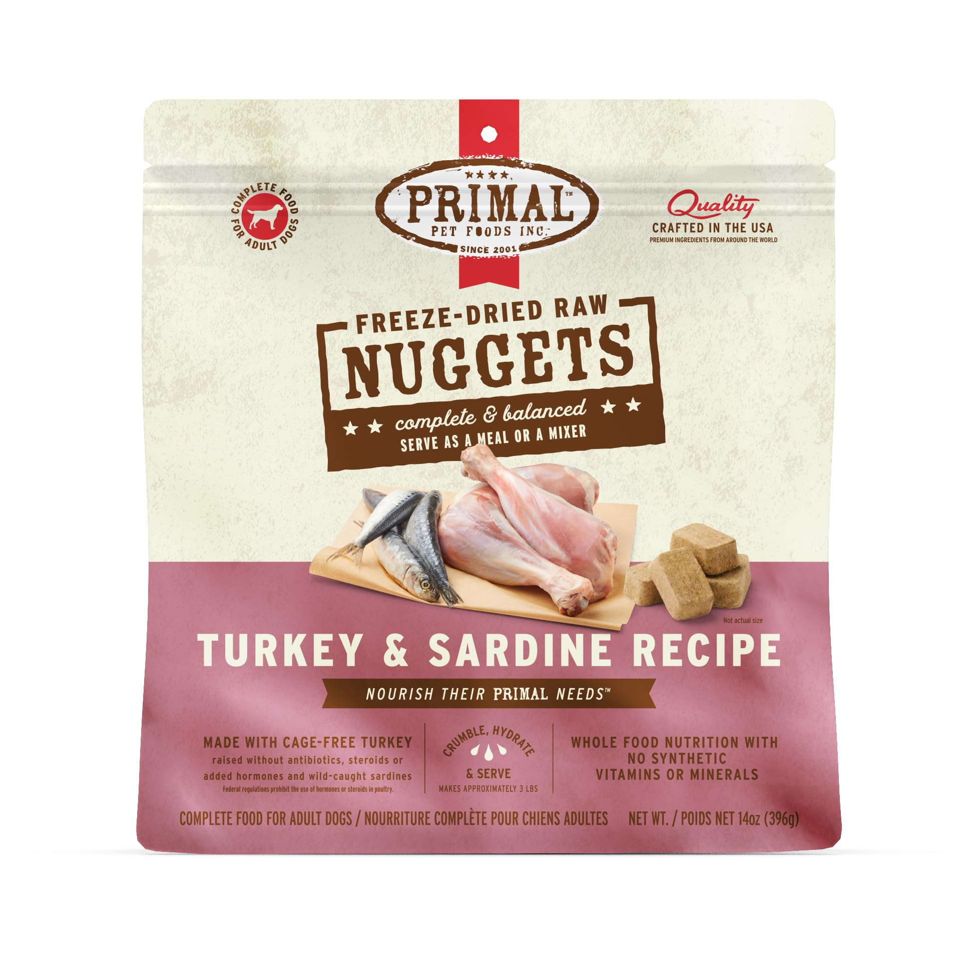 Primal Freeze Dried Raw Dog Food Nuggets, Turkey & Sardine Complete & Balanced Meal, Also Use as Topper or Treat, Premium, Healthy, Grain Free, High Protein Raw Dog Food, 14 oz C80