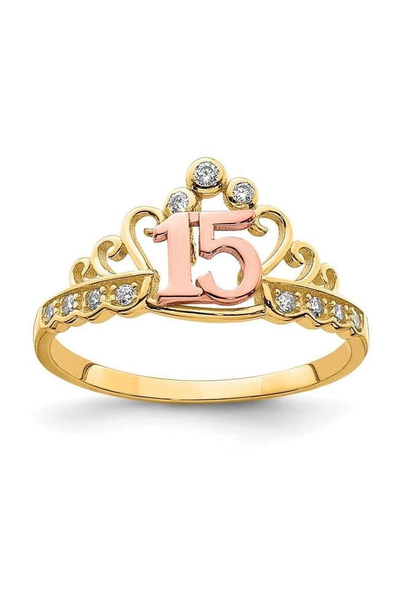 10 Karat Two-Tone Polished Cubic Zirconia 15 Crown Ring
