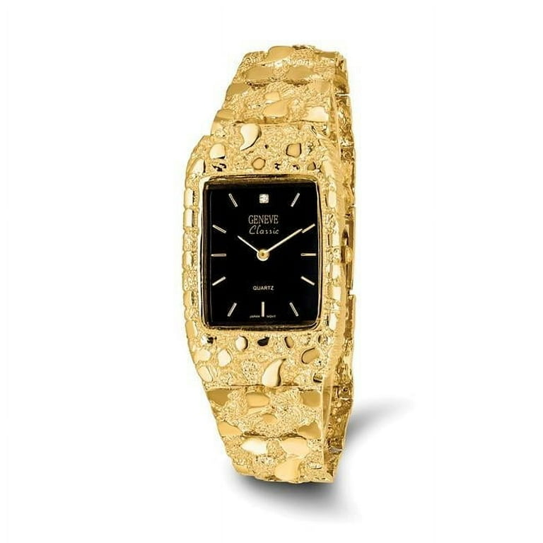 Primal Gold 10K Yellow Gold Quartz Nugget Watch with Black 27x47mm