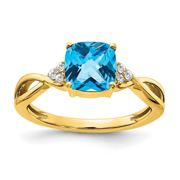 Primal Gold 10 Karat Yellow Gold Checkerboard Blue Topaz and Diamond Ring