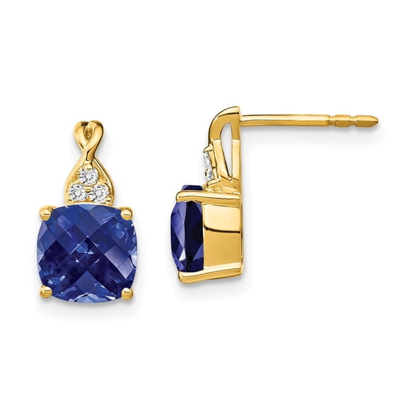 Primal Gold 10 Karat Yellow Gold Checkerboard Created Sapphire and Diamond Earrings