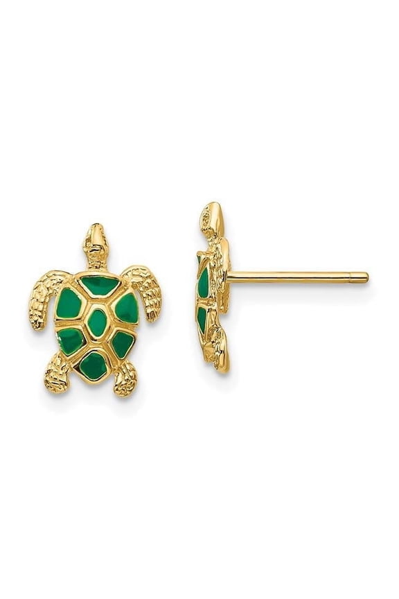 10 Karat Yellow Gold Green Enameled Sea Turtle Post Earrings