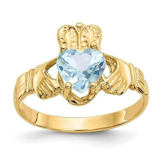 Primal Gold 10 Karat Yellow Gold High Polished March Birthstone Claddagh Ring
