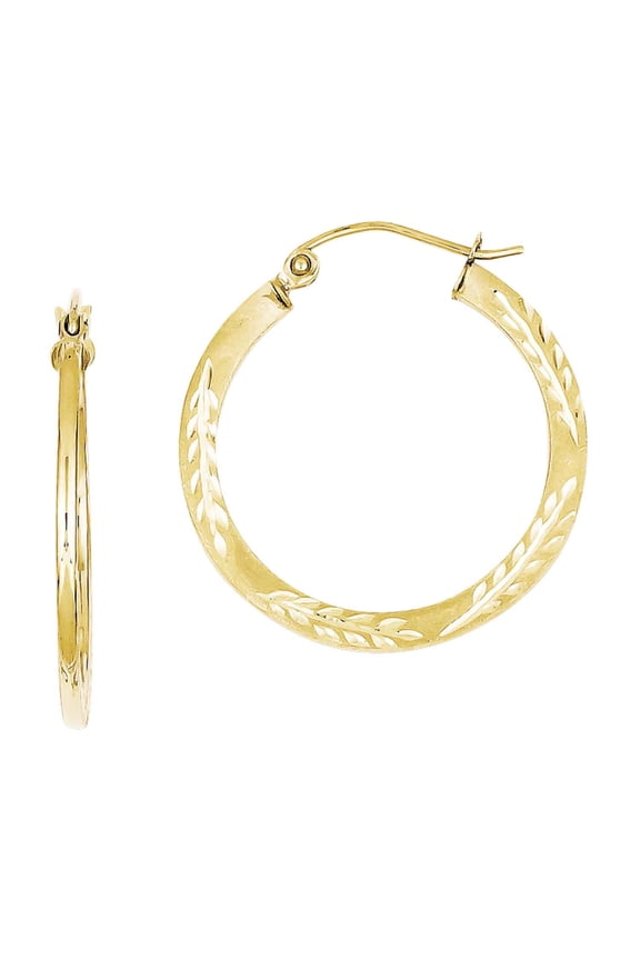 10 Karat Yellow Gold Satin Diamond Cut Hoop Earrings