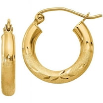 Primal Gold 10 Karat Yellow Gold Satin and Diamond-Cut 3mm Round Hoop Earrings