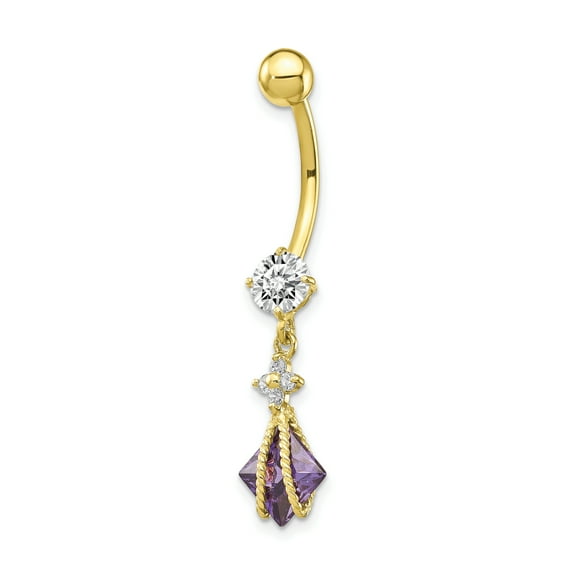 Primal Gold 10 Karat Yellow Gold Square Amethyst Cubic Zirconia Belly Dangle