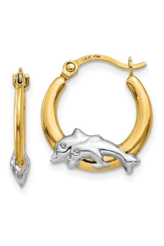 10 Karat Yellow Gold and Rhodium-plated Dolphin Hoop Earrings