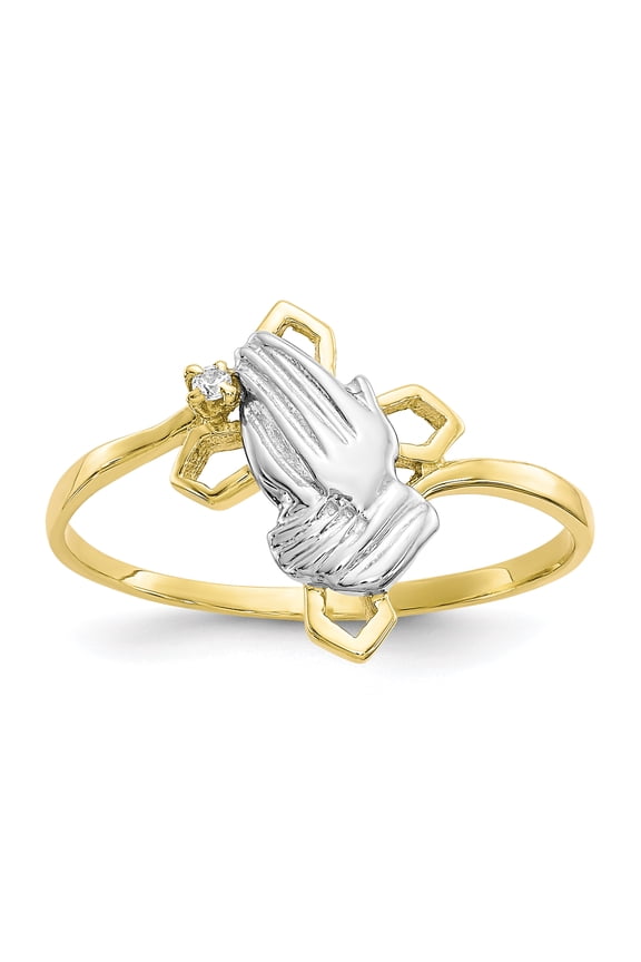 10 Karat Yellow Gold and White Rhodium-plated Praying Hands Cubic Zirconia with Cross Ring