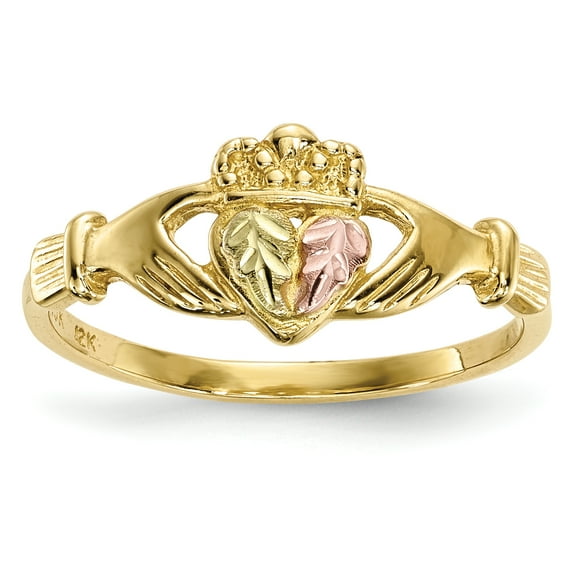Primal Gold 10 Karat Yellow Gold with 12 Karat Rose and Green Accent Black Hills Claddagh Ring