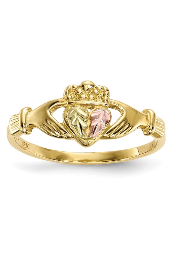 10 Karat Yellow Gold with 12 Karat Rose and Green Accent Black Hills Claddagh Ring