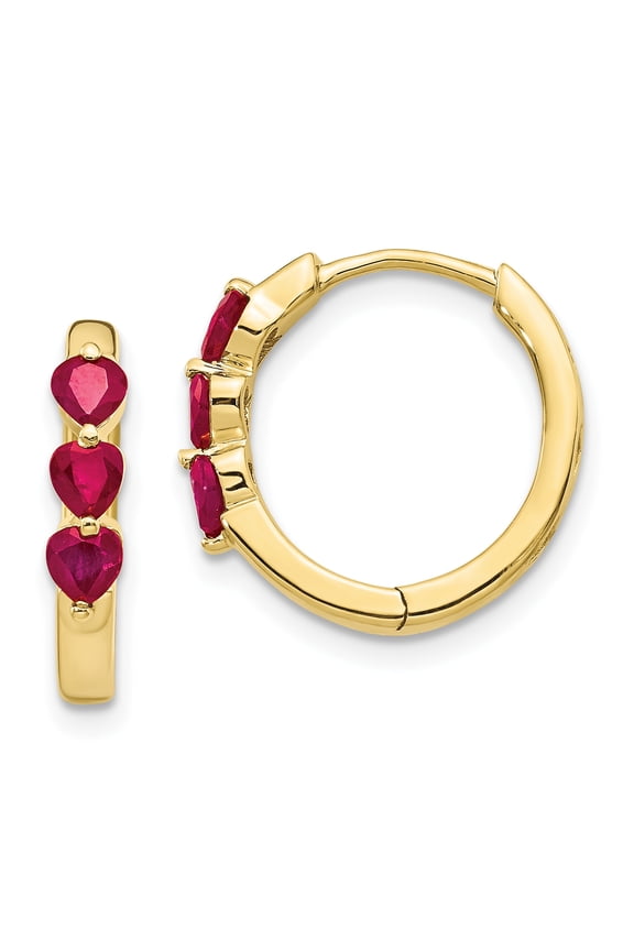 10 Karat Yellow Gold with Created Ruby Polished Hoop Earrings