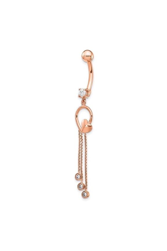 14 Karat Rose Gold Cubic Zirconia Heart 3-Chain Dangle Belly Ring