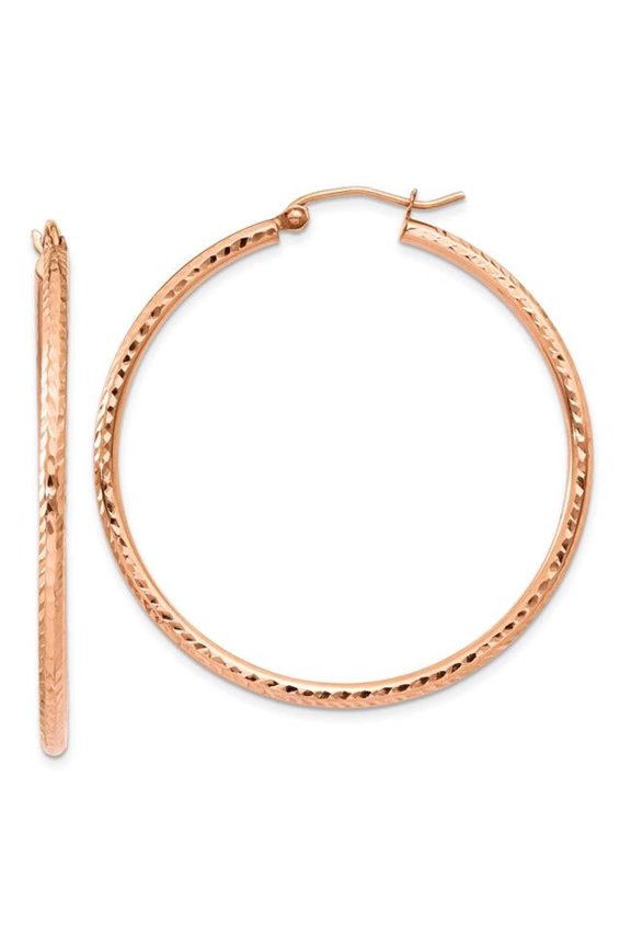 14 Karat Rose Gold Lightweight Large Diamond-cut Tube Hoop Earrings