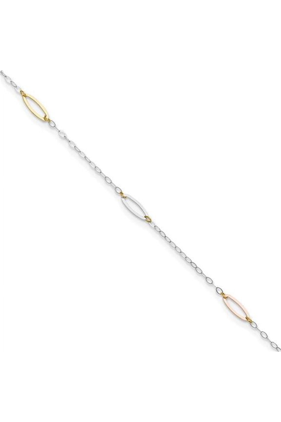 14 Karat Tri-color Oval Link 9-inch Plus 1-inch Extension Anklet